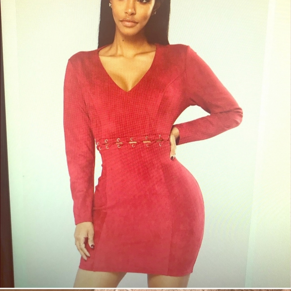 Burgundy Suede Dress. Long Sleeve